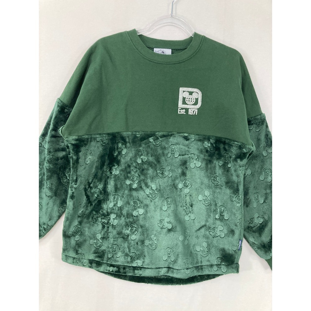 Disney Spirit Jersey Adults XS Green Mickey Mouse Faux Fur Mixed Media Pullover